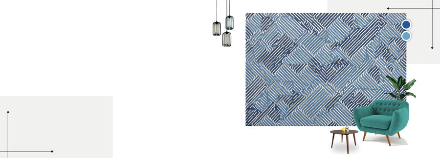 blue color carpet with sofa set